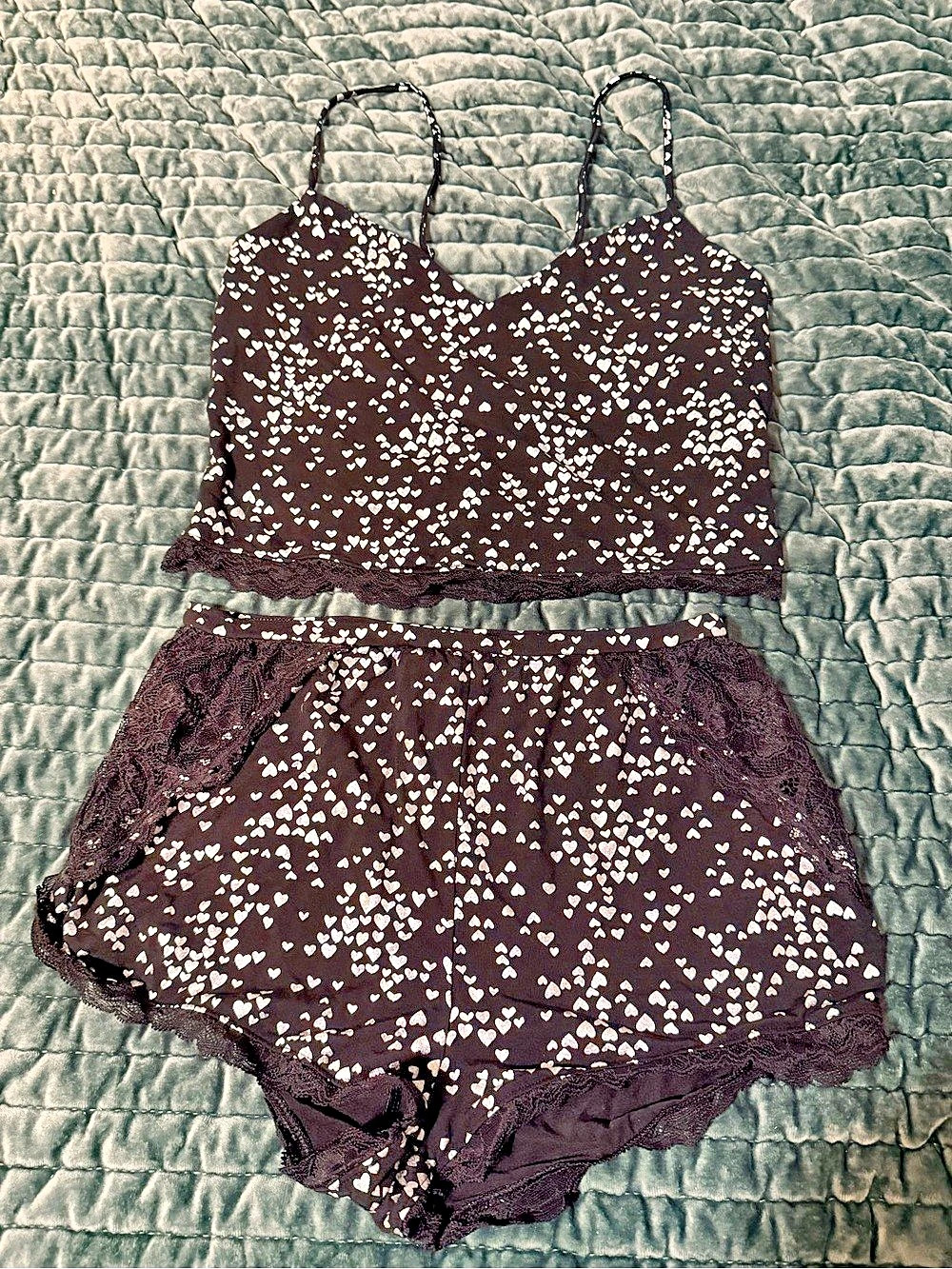Victoria's Secret Black and Silver Heart Lace-Trim Cami and Shorts Pajama Set